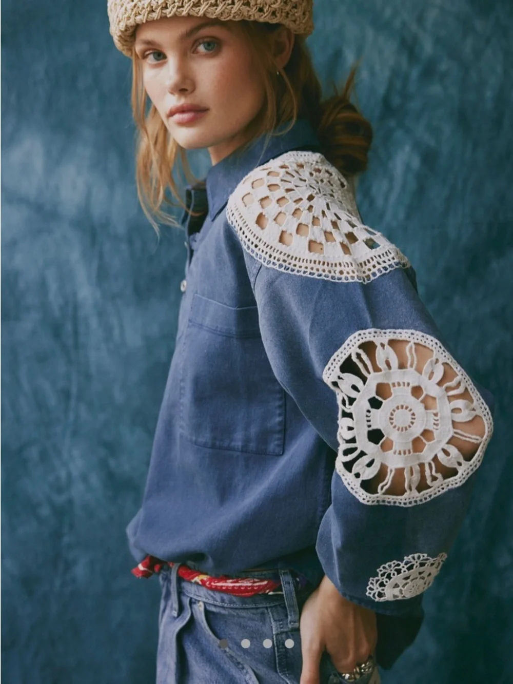 Free People Washed and Crafted Crochet Polo- Size Small